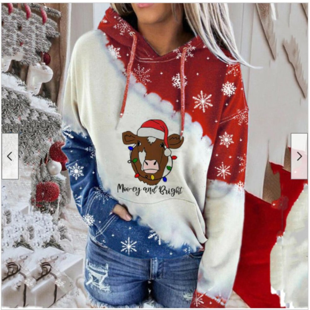Christmas Hooded Sweatshirt Red White Blue Moo-ey and Bright Cow NWOT